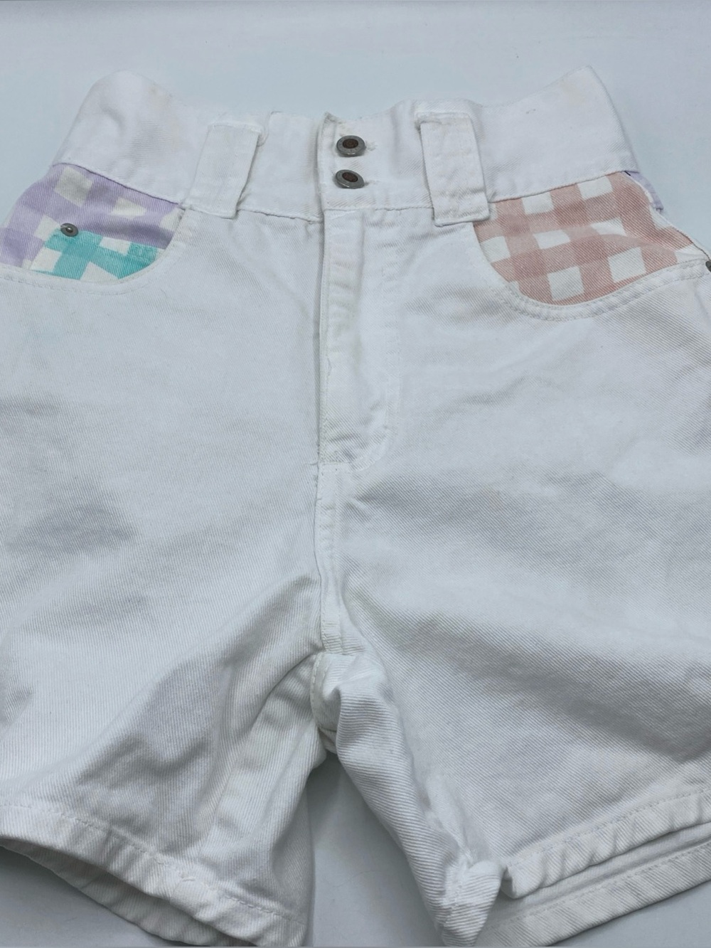Vintage 90s Jorts Steel Jeans White Denim Gingham Shorts High Waist Mom 9 USA